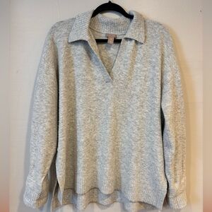 H&M Collared Fine-Knit Jumper Grey Marl V-Neck Sweater Size Medium